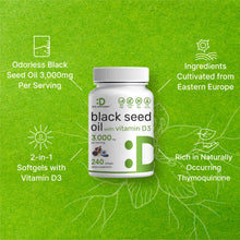 Load image into Gallery viewer, Black Seed Oil 3000mg with Vitamin D3 2000IU, 240 Softgels
