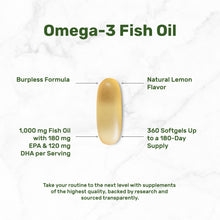 Load image into Gallery viewer, Omega-3 Fish Oil 1000mg (180mg EPA + 120mg DHA) Lemon Flavor, 360 Softgels