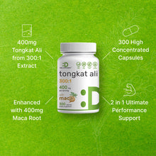 Load image into Gallery viewer, Tongkat Ali Extract 300:1 400mg & Maca Root 400mg | 300 Capsules