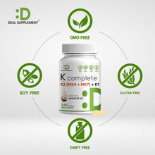Load image into Gallery viewer, Premium K Complete - High Potency Vitamin K1, K2 MK-7 & MK-4 Complex, 240 Coconut Oil Infused Softgels