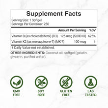 Load image into Gallery viewer, Vitamin D3 5,000IU with K2 MK7 100mcg with coconut oil, 250 count