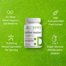Load image into Gallery viewer, Bitter Melon 15,000mg Per Serving | 300 Capsules, with Berberine HCL | 15:1 Wild Bitter Melon Fruit Extract | Third Party Tested | Plant Based, Non-GMO &amp; No Gluten 

