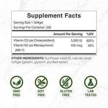 Load image into Gallery viewer, Vitamin D3 K2 5000IU Softgels with Sunflower Seed Oil