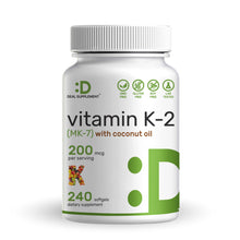 Load image into Gallery viewer, Vitamin K2 (MK-7) 200mcg, 240* Virgin Coconut Oil Softgels
