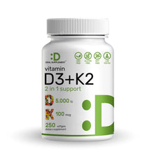 Load image into Gallery viewer, Vitamin D3 K2 5000IU Softgels with Sunflower Seed Oil