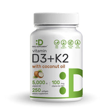 Load image into Gallery viewer, Vitamin D3 5,000IU with K2 MK7 100mcg with coconut oil, 250 count