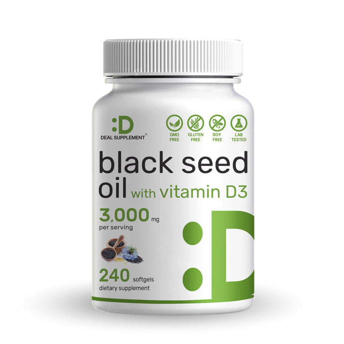 Black Seed Oil 3000mg with Vitamin D3 2000IU, 240 Softgels