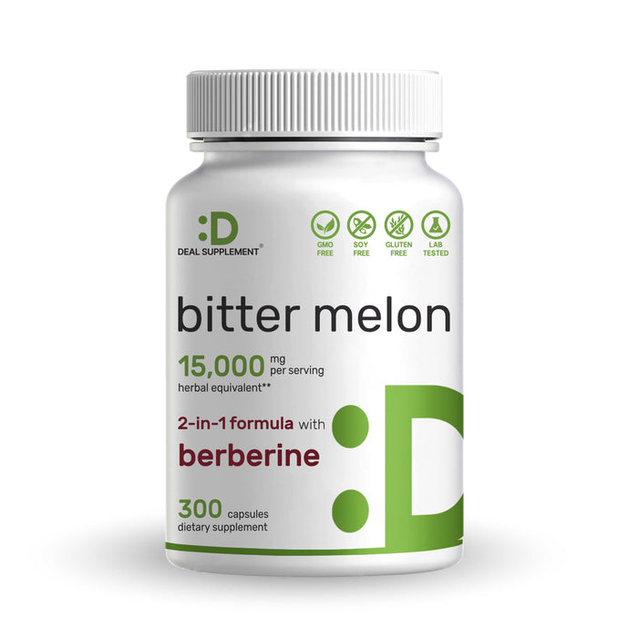 Bitter Melon 15,000mg Per Serving | 300 Capsules, with Berberine HCL | 15:1 Wild Bitter Melon Fruit Extract | Third Party Tested | Plant Based, Non-GMO & No Gluten 