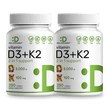 Load image into Gallery viewer, Vitamin D3 K2 5000IU Softgels with Sunflower Seed Oil