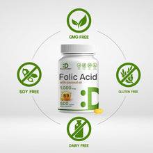 Load image into Gallery viewer, Folic Acid 1000 mcg (1 mg), 500 Coconut Oil Softgels