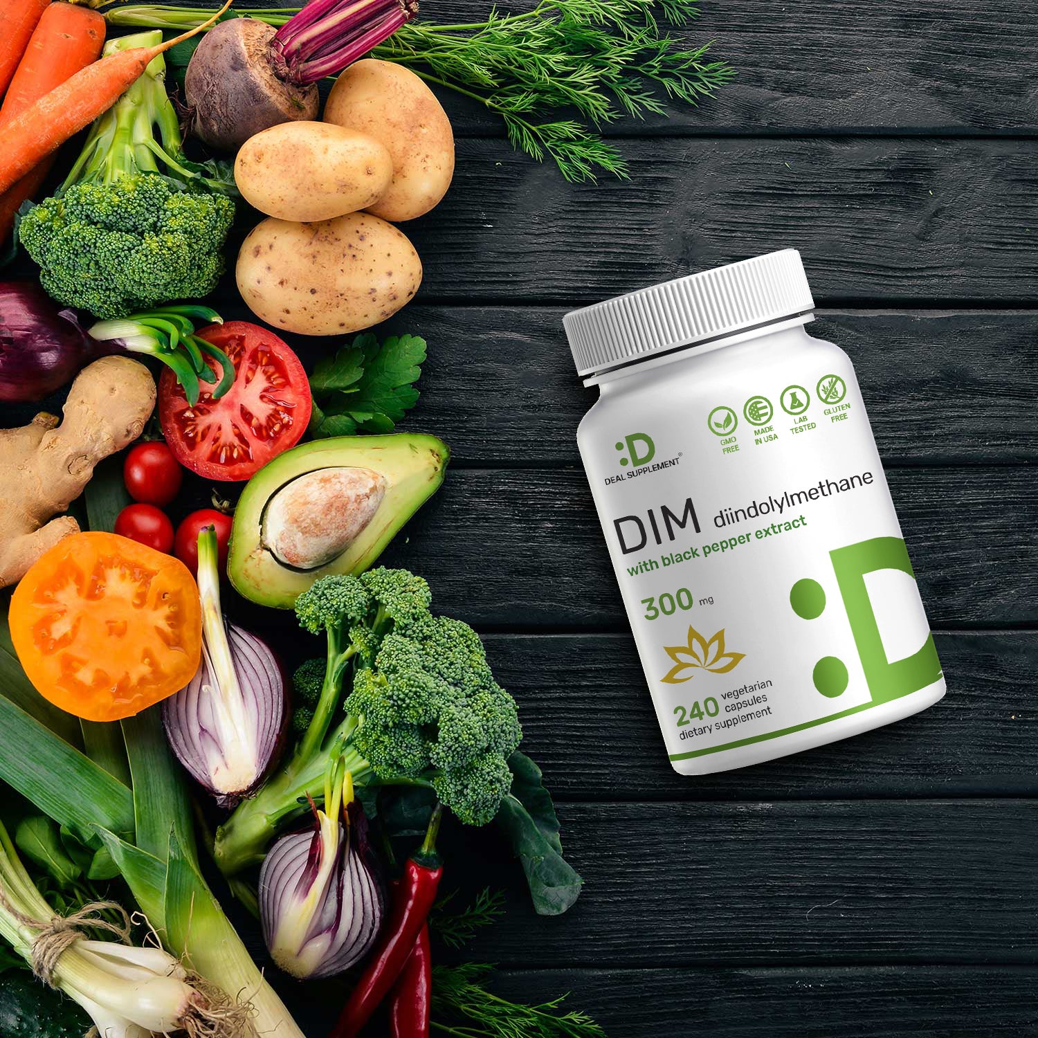 DIM with Black Pepper Extract 300mg, 240 Vegetarian Capsules