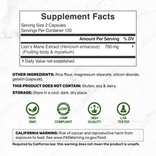 Load image into Gallery viewer, Lions Mane Mushroom Supplement 240 Capsules
