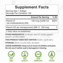 Load image into Gallery viewer, Vitamin D3 K2 5000IU Softgels with Sunflower Seed Oil
