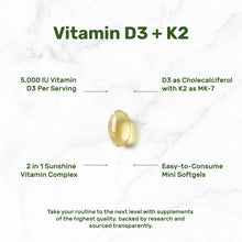 Load image into Gallery viewer, Vitamin D3 K2 5000IU Softgels with Sunflower Seed Oil
