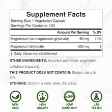 Load image into Gallery viewer, Magnesium Glycinate 500mg Per Serving, 120 Veggie Capsules
