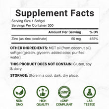 Load image into Gallery viewer, Zinc Picolinate 50 mg Per Serving with MCT Oil, 300 Softgels
