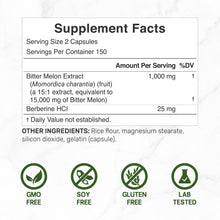 Load image into Gallery viewer, Bitter Melon 15,000mg Per Serving | 300 Capsules, with Berberine HCL | 15:1 Wild Bitter Melon Fruit Extract | Third Party Tested | Plant Based, Non-GMO &amp; No Gluten 
