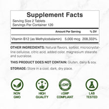 Load image into Gallery viewer, Methyl B-12 Vitamins 5000 mcg Per Serving, 240 Tablets
