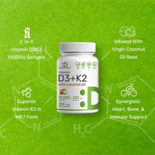 Load image into Gallery viewer, Vitamin D3+K2 10000 IU with Virgin Coconut Oil, 250 Softgels
