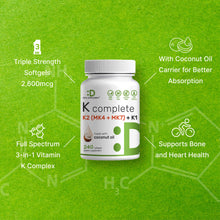 Load image into Gallery viewer, Premium K Complete - High Potency Vitamin K1, K2 MK-7 &amp; MK-4 Complex, 240 Coconut Oil Infused Softgels
