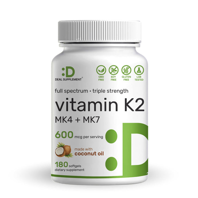 Vitamin K2 Supplement 600mcg, 180 Virgin Coconut Oil Softgel