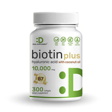 Load image into Gallery viewer, Biotin Supplement 10,000mcg &amp; Hyaluronic Acid 25mg – 300 Softgels
