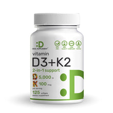 Load image into Gallery viewer, Vitamin D3 K2 5000IU Softgels with Sunflower Seed Oil
