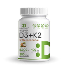 Load image into Gallery viewer, Vitamin D3 5,000IU with K2 MK7 100mcg with coconut oil, 250 count
