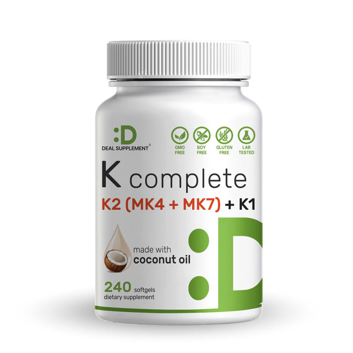 Premium K Complete - High Potency Vitamin K1, K2 MK-7 & MK-4 Complex, 240 Coconut Oil Infused Softgels