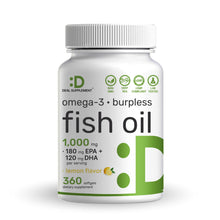 Load image into Gallery viewer, Omega-3 Fish Oil 1000mg (180mg EPA + 120mg DHA) Lemon Flavor, 360 Softgels
