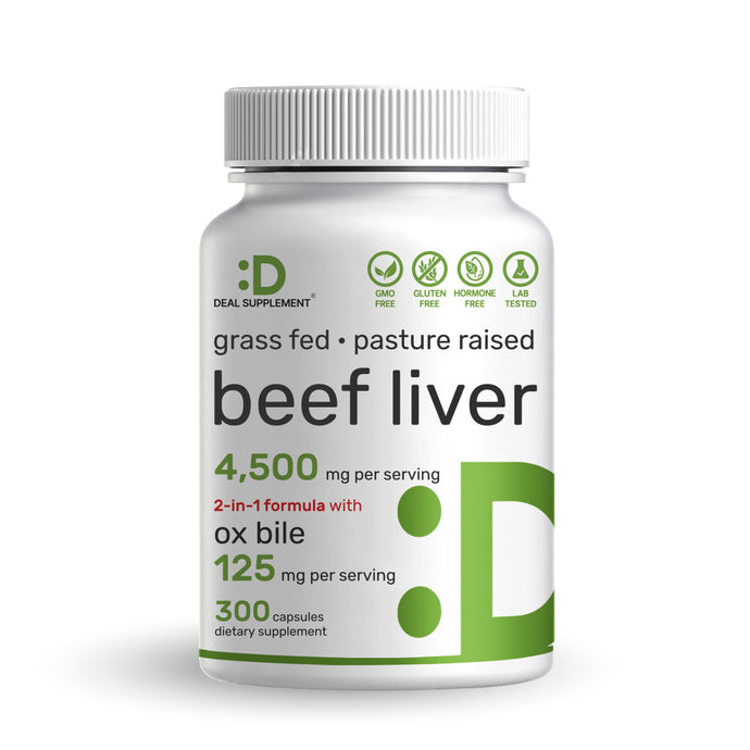 Beef Liver Supplement with Ox Bile 4,500mg Per Serving, 300 Capsules