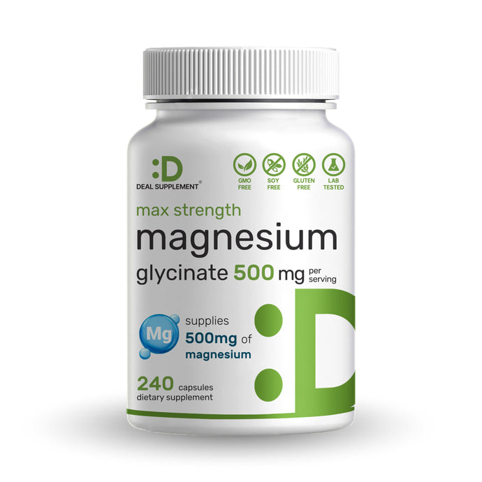 Max Strength Magnesium Glycinate 500mg Per Serving, 240 Capsules