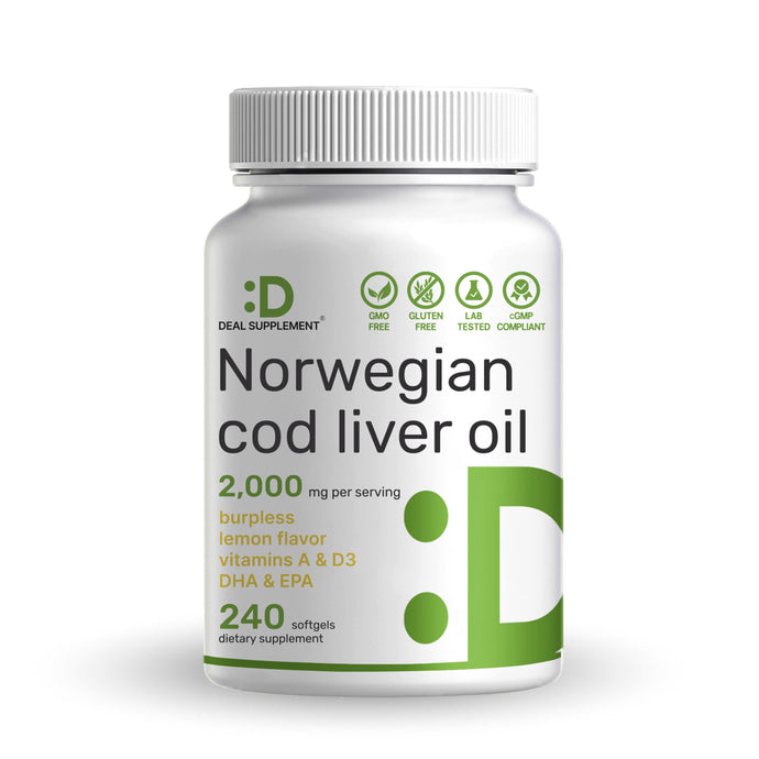 Cod Liver Oil 2,000mg Per Serving, 240 Softgels – Extra Strength EPA DHA Omega 3 Supplement