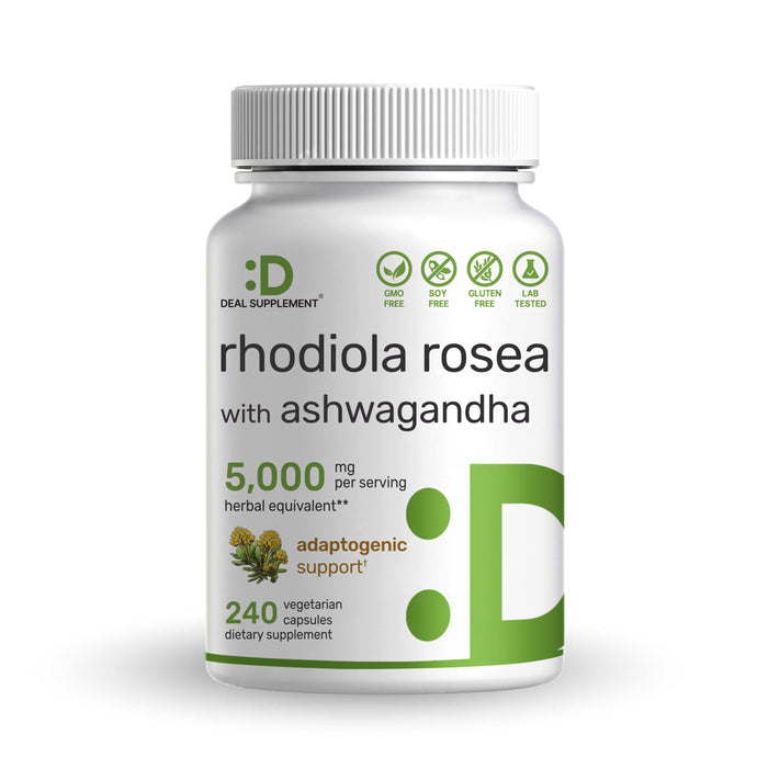 Rhodiola Rosea with Ashwagandha 5,000mg Per Serving, 240 Veggie Capsule