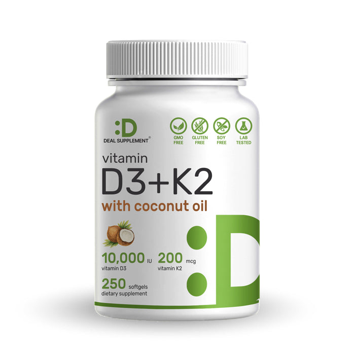 Vitamin D3+K2 10000 IU with Virgin Coconut Oil, 250 Softgels