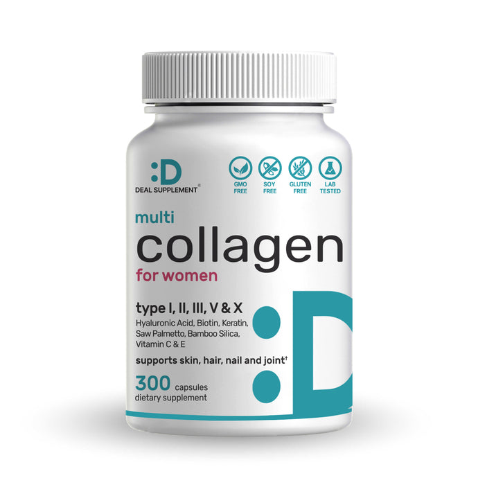 Multi-Collagen Pills for Women with Vitamin C, E, & Biotin, 300 Capsules