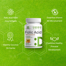 Load image into Gallery viewer, Folic Acid 1000 mcg (1 mg), 500 Coconut Oil Softgels
